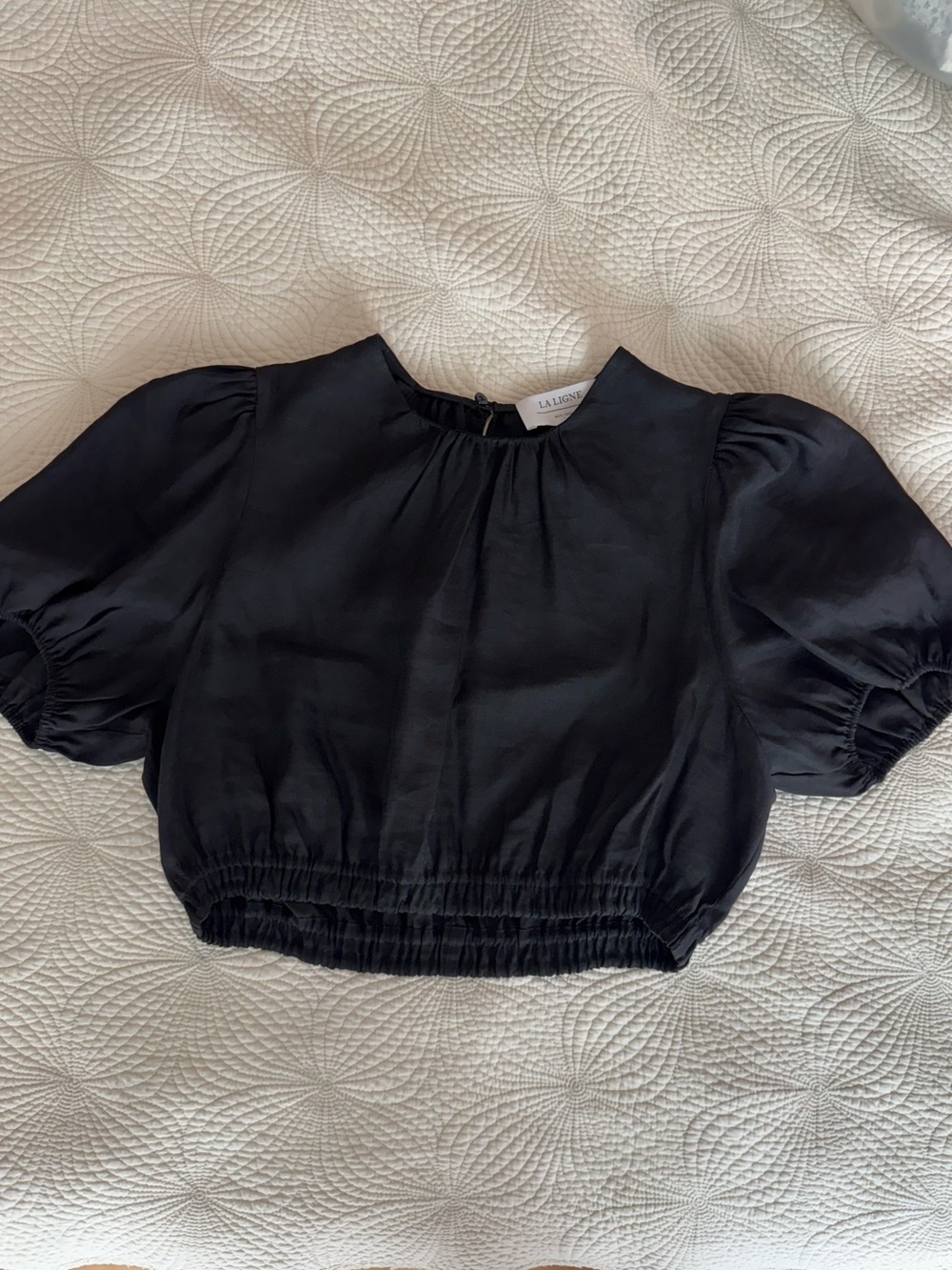 La Ligne Black Puff-Sleeve Cropped Blouse